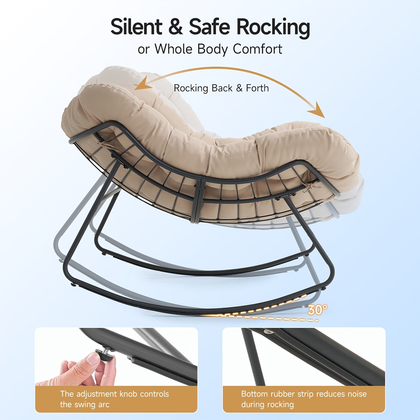 Outdoor Papasan Rocking Chair, 450 Lbs Oversized Comfy Patio Chair with Thickened Cushion, Egg Rocking Chairs, Rocker Chairs for Patio Porch Garden