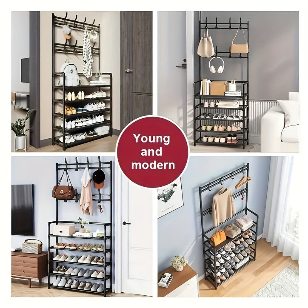 Metal Shoe Rack with Coat Hooks 5 or 10 Layer, Freestanding Shoe and Coat Organizer with Detachable Hooks for Entryway Hallway Apartment, Black White