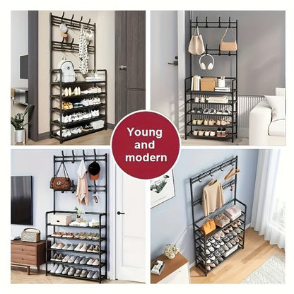 Metal Shoe Rack with Coat Hooks 5 or 10 Layer, Freestanding Shoe and Coat Organizer with Detachable Hooks for Entryway Hallway Apartment, Black White