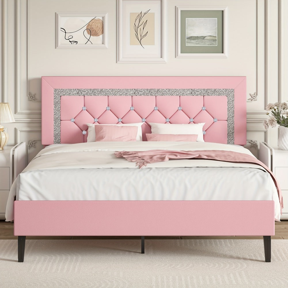 Princess Bed Frame with Diamond Tufted Headboard Twin Full Queen Soft PU Leather Wood Slats 900 lbs Capacity Easy Assembly Bedroom Furniture Pink White Black
