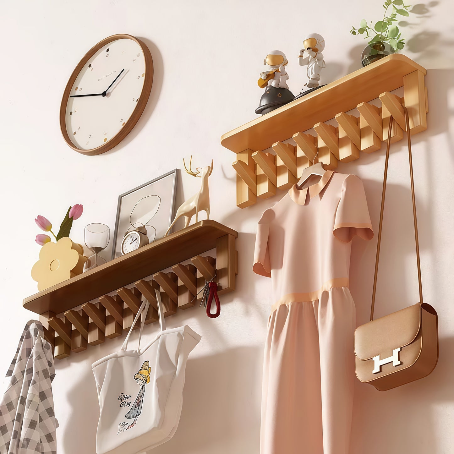 1pc Natural Wood Wall-Mounted Coat Rack with 10 Hooks - Piano-Shaped Accordion Design, Walnut Finish, Space-Saving Vertical Storage for Entryway, Bedroom, Bathroom - Easy Assembly, No Batteries/Electricity, Durable Multi-Purpose Organizer for Coats, Hats,