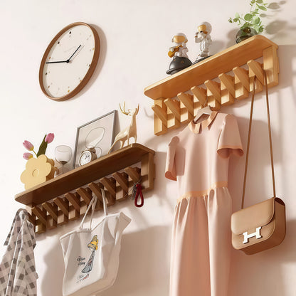 1pc Natural Wood Wall-Mounted Coat Rack with 10 Hooks - Piano-Shaped Accordion Design, Walnut Finish, Space-Saving Vertical Storage for Entryway, Bedroom, Bathroom - Easy Assembly, No Batteries/Electricity, Durable Multi-Purpose Organizer for Coats, Hats,