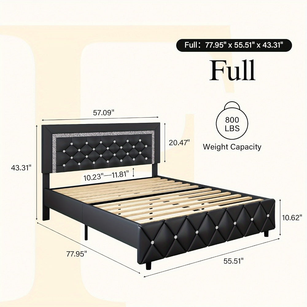 Upholstered Bed Frame with Diamond Tufted Headboard, Faux Leather Headboard and Footboard, Wooden Slat Support, No Box Spring Needed, Easy Assembly, Twin Full Queen King, Black