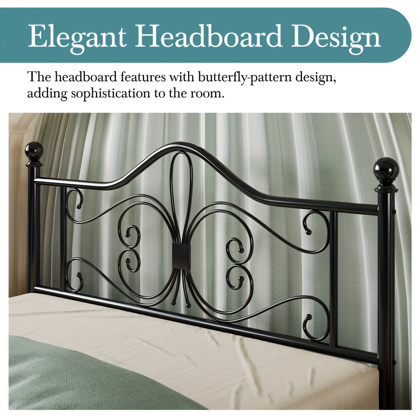 HOOMIC Platform Bed Frame, Metal Bed Frame Featuring a Butterfly Pattern on The Headboard And Footboard, No Box Spring Required, Easy to Assemble