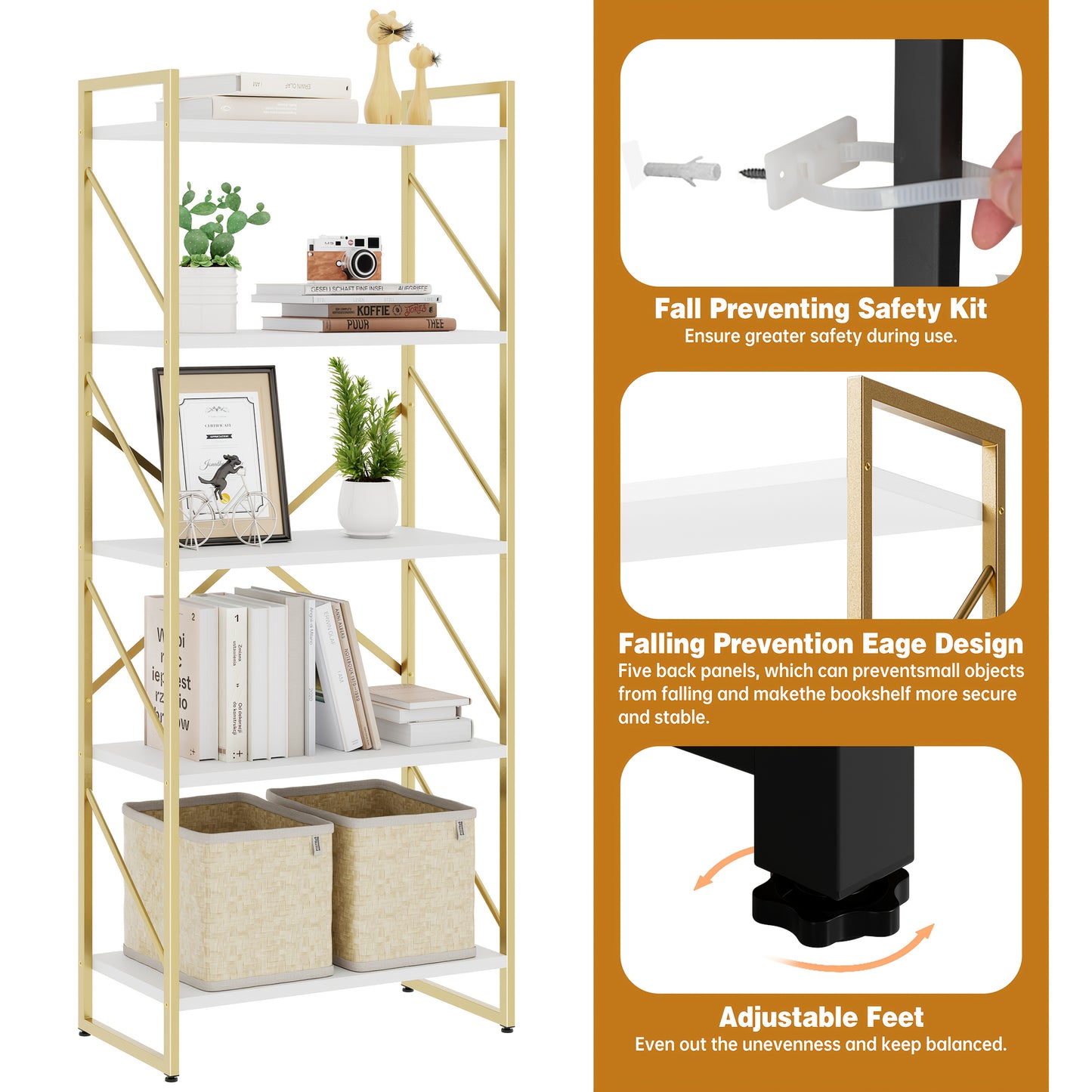 JY QAQA 5 Tiers Bookshelf, Classically Tall Bookcase Shelf, Industrial Book Rack, Modern Book Holder In Bedroom/ Living Room/ Home/ Office, White & Golden