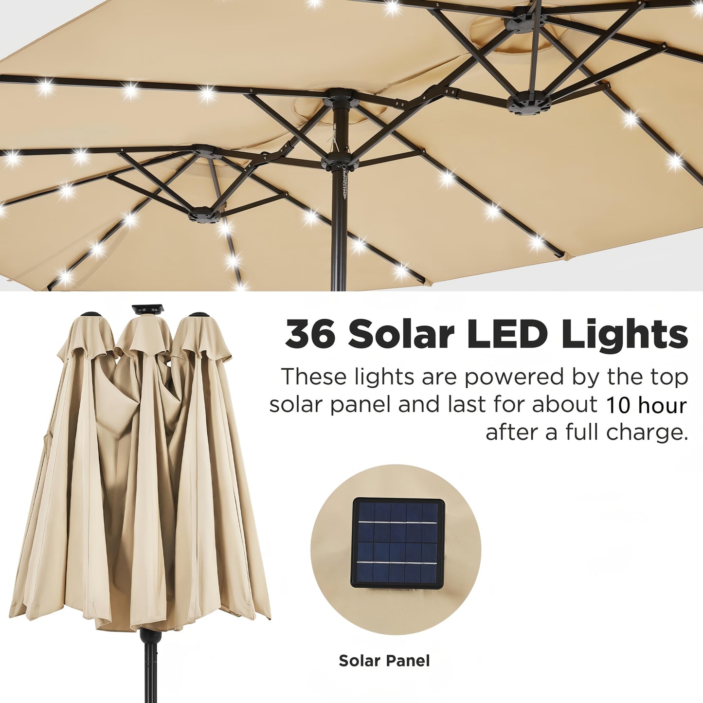 [Double Sided Umbrella] 13ft Double Sided Patio Umbrella with Solar Lights, Includes Stand Base, Outdoor Large Patio Umbrella with Crank Handle, Outdoor Extra Large Market Table Umbrella, 12 Heavy-duty Ribs, for Outside, Market, Patio, Deck, Swimming Pool
