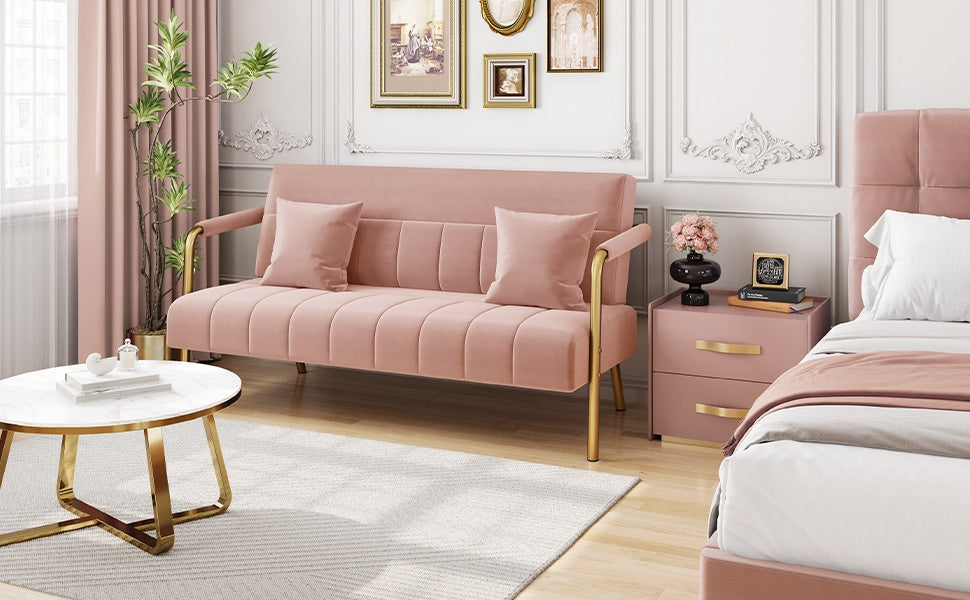 Costoffs Velvet Fabric Sofa Couch, 56.5″ W Modern Loveseat Couch with Gold-tone Metal Arms, Legs & 2 Pillows, Sofa for Living Room, Bedroom Furniture