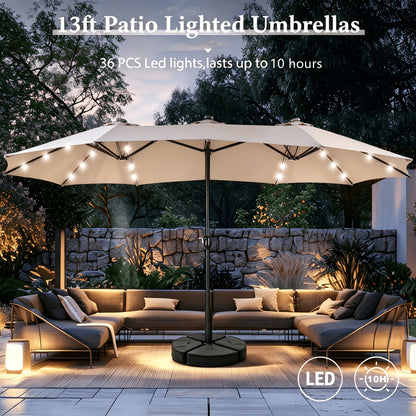 [Double Sided Umbrella] 13ft Double Sided Patio Umbrella with Solar Lights, Includes Stand Base, Outdoor Large Patio Umbrella with Crank Handle, Outdoor Extra Large Market Table Umbrella, 12 Heavy-duty Ribs, for Outside, Market, Patio, Deck, Swimming Pool