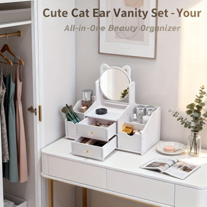 White Dressing Table with Rotating Makeup Mirror, Drawers & Shelves for Cosmetic Storage, Elegant Vanity Table for Bedroom Bathroom Living Room, Holiday Gift Idea