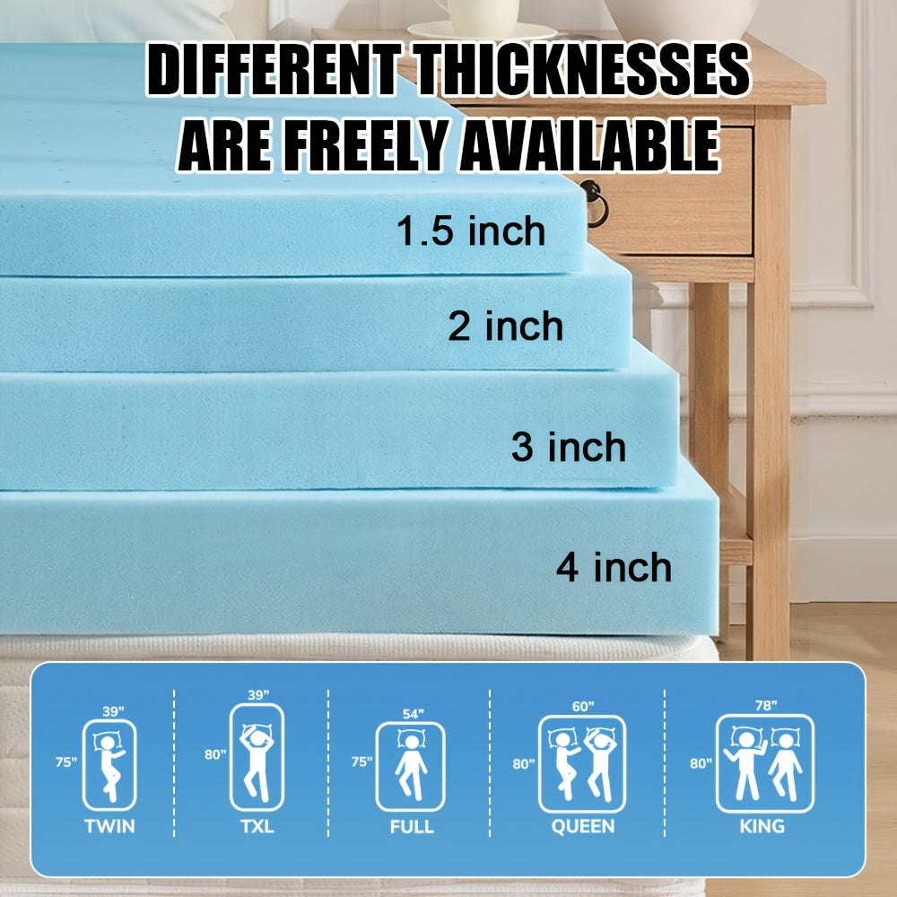 Cooling Gel Memory Foam Mattress Topper, Breathable Gel Premium Memory Foam Mattress, Fits All Mattresses, Ventilated Soft Breathable Mattress, Available In 1.5", 2", 3", And 4" Thicknesses, Multiple Sizes To Suit Different Needs, Blue