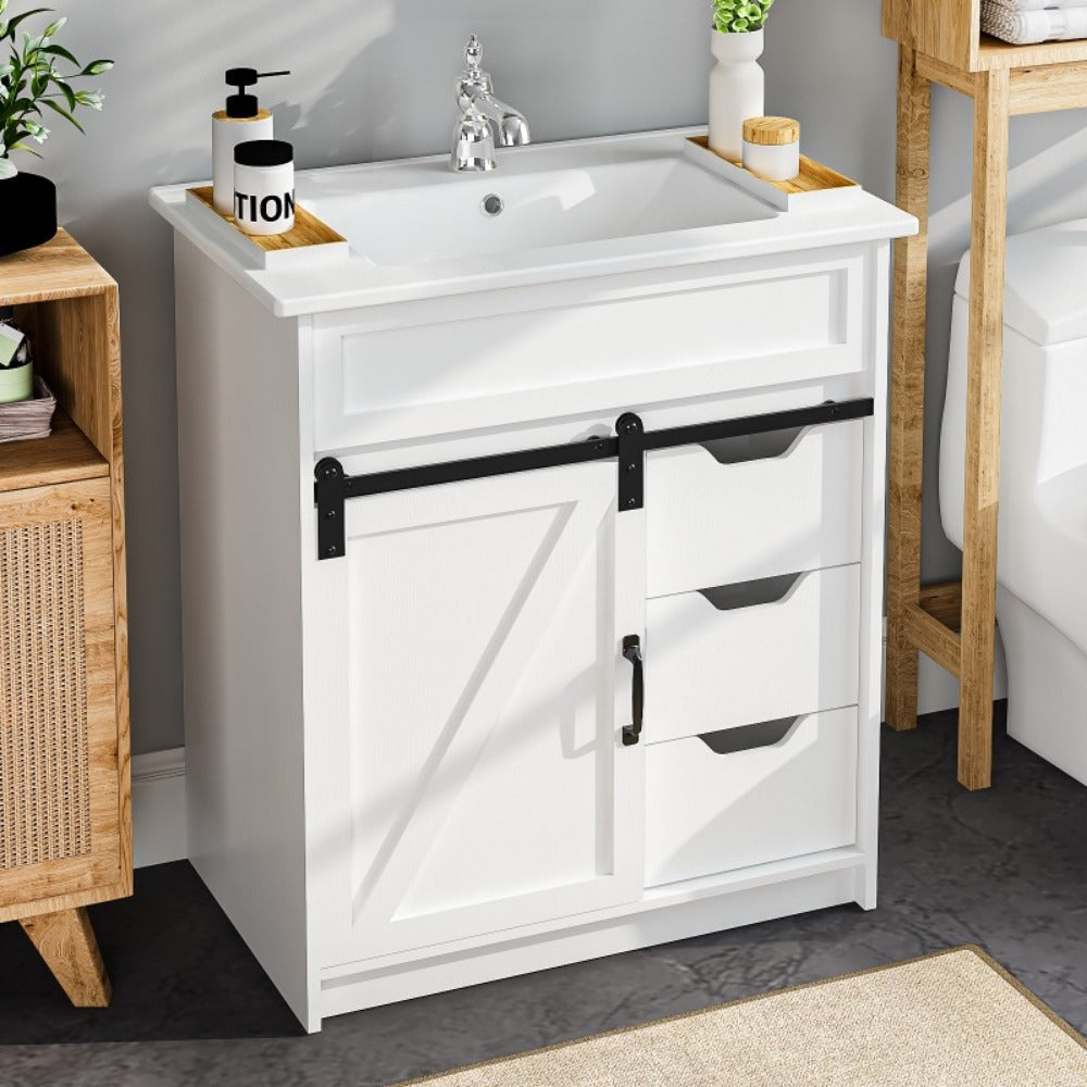 30 Inch Cottage Style Bathroom Vanity with Sink - Solid Wood Cabinet 3 Drawers Barn Door Sliding Shelf Ceramic Undermount Sink Modern Farmhouse Design