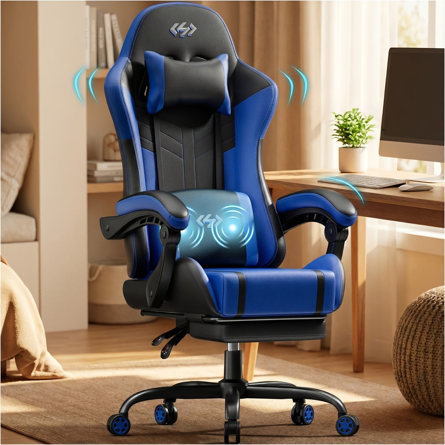 Gaming Chair with Massage Lumbar Support Ergonomic Computer Chair for Adults with Footrest and Lumbar Support with 360° Swivel Seat PU Leather Office Chair, Crafted From Durable Faux Leather, Best Gift for Father and Boyfriend