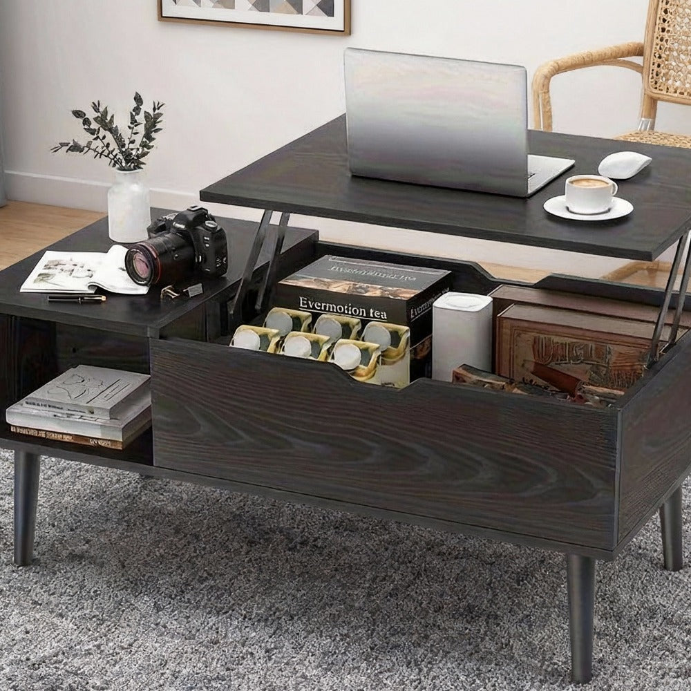 Lift Top Coffee Table with Storage Compartment & 2 Cubbies | Adjustable Height, Brown Wood, Metal Frame, Contemporary Style, Easy Assembly | OLIXIS
