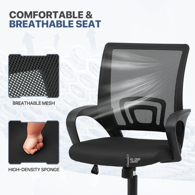 Ergonomic Office Chair | Mid-Back Swivel Desk Chair | Breathable Backrest And Lumbar Support | Adjustable Height | Sponge Seat | Rolling Wheels | Dark Blue | for Adults And Women 19.5"D X 22"W X 39"H