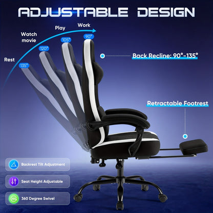 Ergonomic Computer Gaming Chair with Footrest, Lumbar Support & Headrest – Height Adjustable Office Chair with Armrests & Rollers, Black, Light Green, Blue
