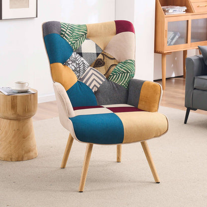 Patchwork Accent Chair High Back Armchair with Memory Foam Cushion & Hardwood Legs – 330 lbs Capacity Linen Upholstered Reading Chair for Living Room Bedroom Home Office, 6 Colors