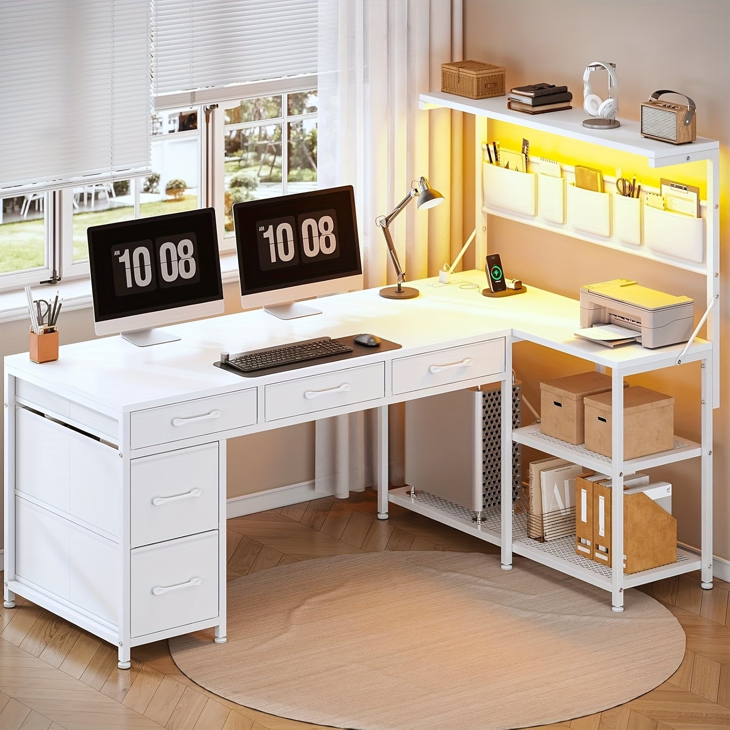 L Shaped Office Desk with LED Lights, 47.2" Reversible Small Computer Desk with 5 Drawers and Storage Shelves, Home Office Corner Desk