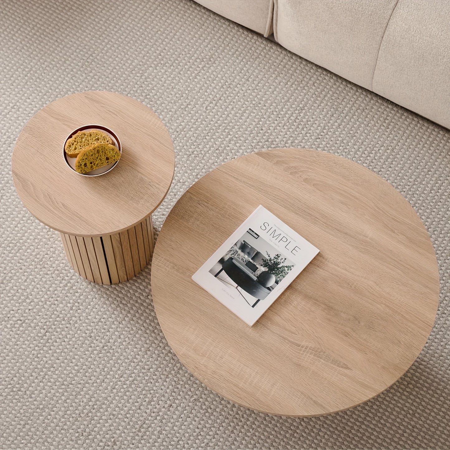 Round Nesting Coffee Tables Set of 2, Boho Wood Circle Side Table Fluted Drum, Farmhouse End Table for Living Room Bedroom, Apartment