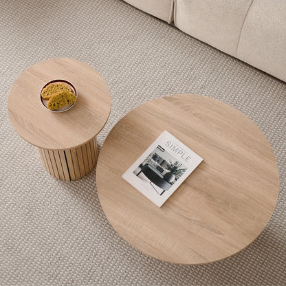 Round Nesting Coffee Tables Set of 2, Boho Wood Circle Side Table Fluted Drum, Farmhouse End Table for Living Room Bedroom, Apartment