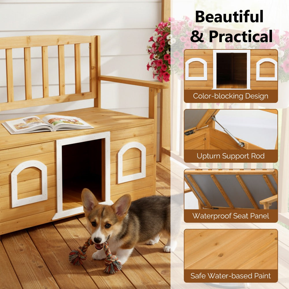 Versatile Wooden Bench for Outdoors, Garden with Dog Shelter, Featuring Storage Area, Outdoor Furniture, Ideal for Patios, Yards, And Verandas
