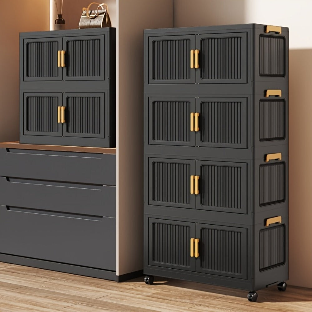 Foldable Storage Cabinet 3/4/5 Tier Stackable Plastic Boxes with Lids & Casters, Portable Modular Wardrobe Organizer for Bedroom Kitchen Living Room Entryway
