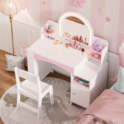 Girls' 2-in-1 Princess Vanity Set with Lighted Mirror (Cool/Warm) - Makeup Desk & Chair with Storage Cabinet, Bookshelf & Shelves, MDF Beauty Table for Toddler Girls Room, Easy Assembly Required - Ideal Kids Furniture Gift for Birth