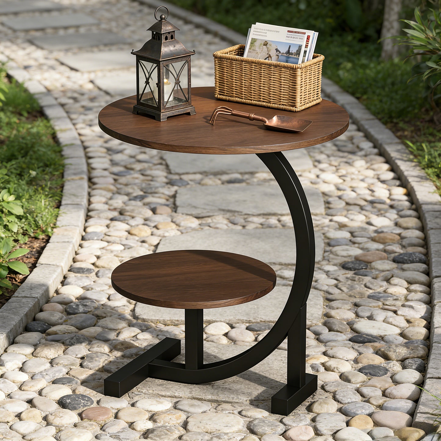 14 Inch Round Metal Solid Wood Arc Side Table with Double Layer Storage Shelf - Modern Garden Side Table - Durable Metal Coffee Table for Terrace, Camping, Balcony Or Outdoor Space, Space-Saving Design, Sturdy Base, Garden Table, Garden Furniture
