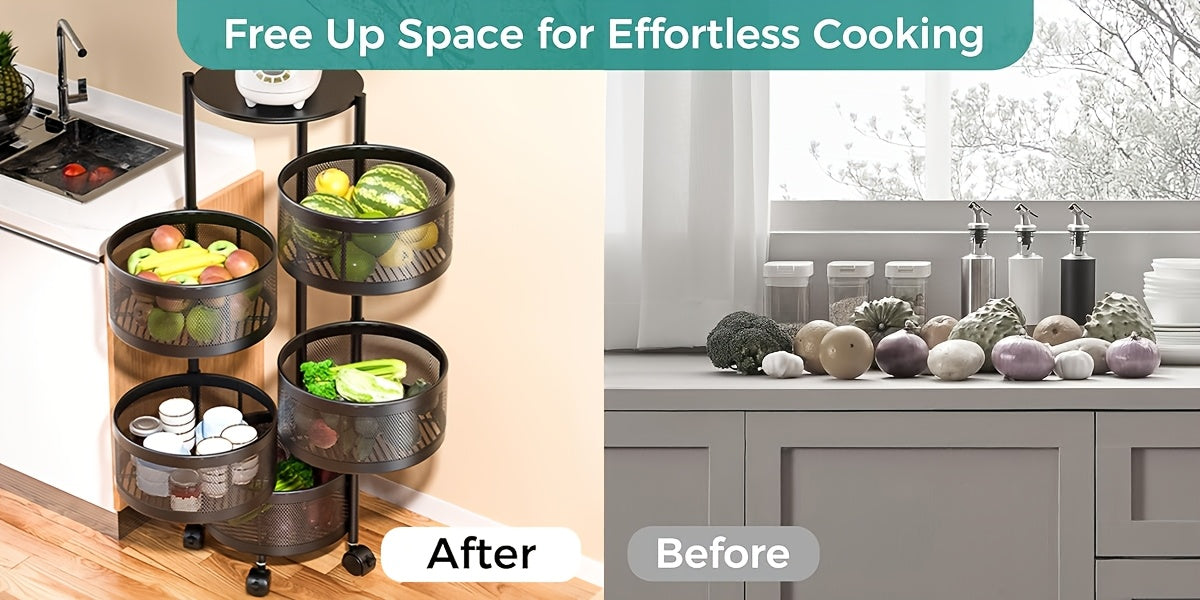 5-Tier Rotating Storage Cart | 360° Spinning Round Organizer with Wheels, No Assembly Required, Space-Saving Iron Frame, Ideal for Fruits, Vegetables, Documents - Freestanding, Ergonomic, Spray End storage and organization