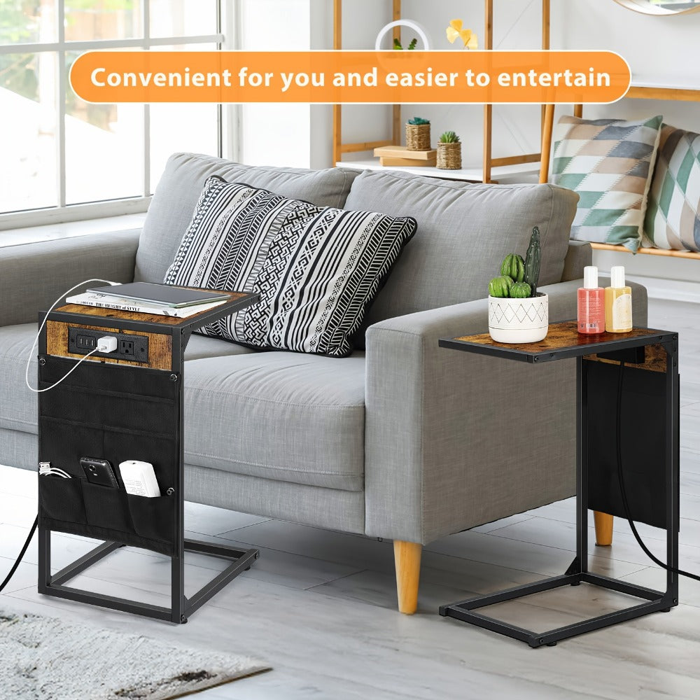 C Shaped End Table Slides Under Sofa, 50 LBS Capacity Snack Side Table for Living Room Bedroom, Multifunctional Sofa Table with Optional Charging Station & Storage Bag, 1pc or 2pcs Set
