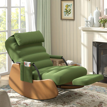 VIWAT Nursery Glider Rocking Chair with Soft Cushioned Seat & Headrest, Corduroy Upholstery Manual Rocker, Plush Accent Chair with Side Pocket for Nursery, Living Room, Bedroom - Dark Grey/Black (No Wood, Easy Assembly) -Friendly