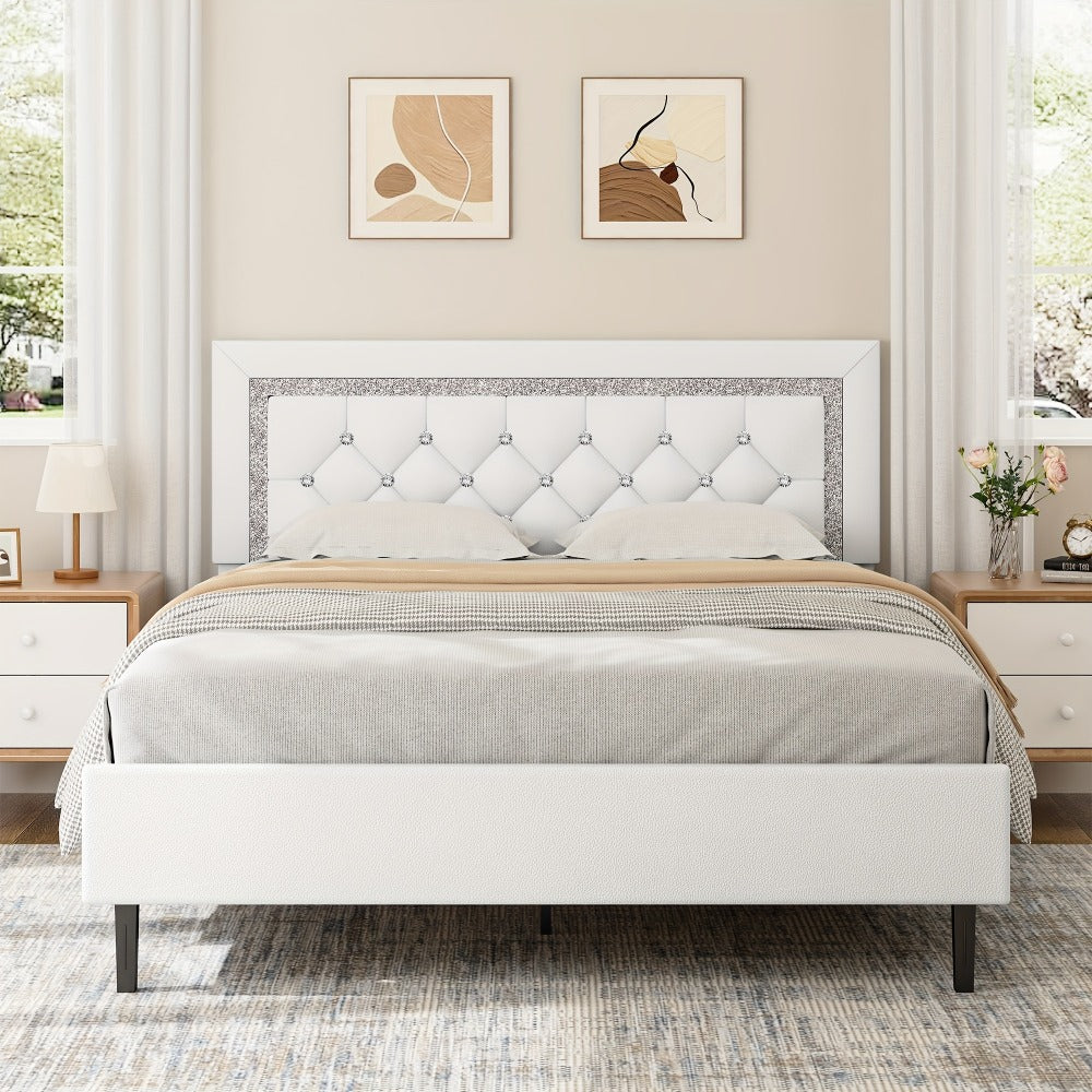Princess Bed Frame with Diamond Tufted Headboard Twin Full Queen Soft PU Leather Wood Slats 900 lbs Capacity Easy Assembly Bedroom Furniture Pink White Black