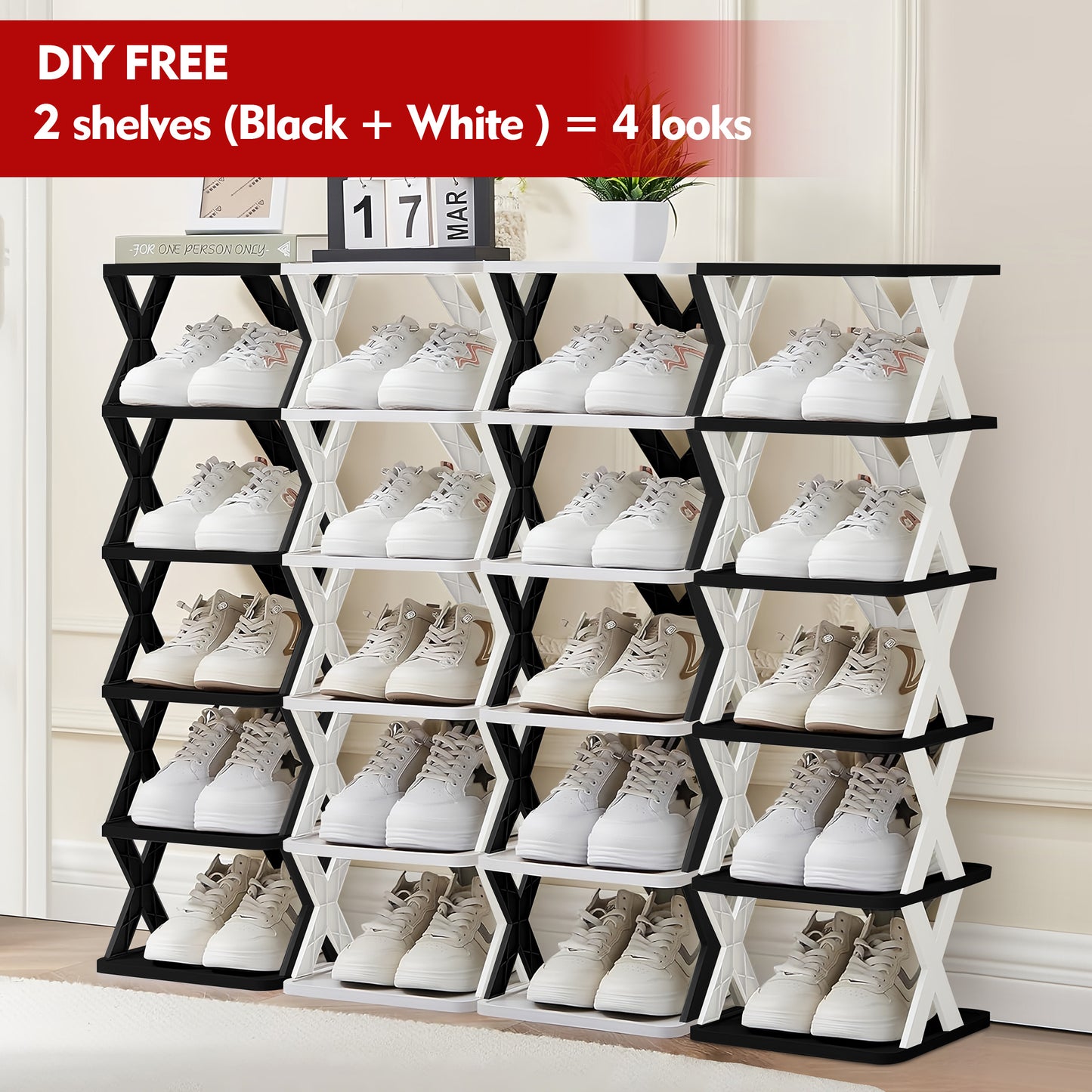 6/9 Tier Narrow Shoe Rack Give Away Shoehorns, Small Vertical Shoe Stand, Space Saving DIY Free Standing Shoes Storage Organizer for Entryway, Closet, Hallway, Easy Assembly and Stable in Structure, White and Green / Black / Blue