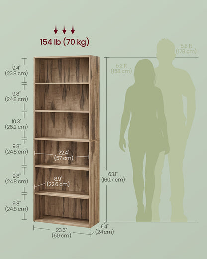 6-Tier Open Bookshelf Display - Space-Saving Bookcase for Home Office & Living Room, Book Organizer with Storage, Dining Room Shelf