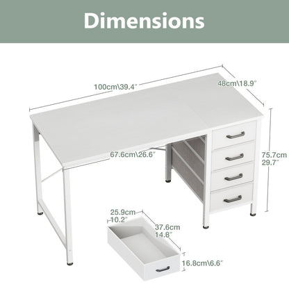 40" Small Desk with 4 Fabric Drawers – Reversible Study Table for Students, Compact Work Desk for Bedroom, Dorm & Small Spaces, White or Black
