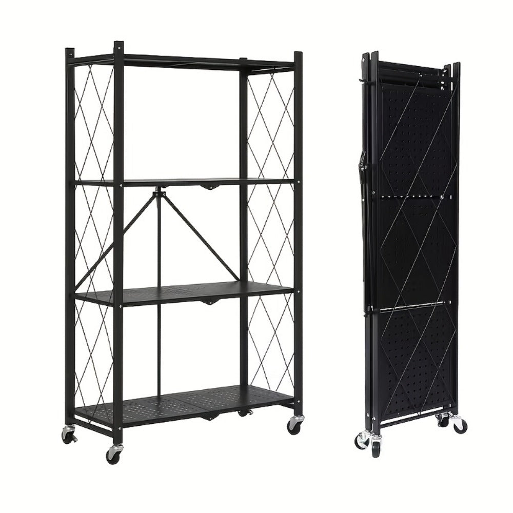 Heavy-Duty Foldable Storage Shelf with Wheels – 3, 4 or 5 Tier Black Metal Shelving Unit, No Assembly Required, Space-Saving Rack for Living Room, Kitchen, Garage & Office