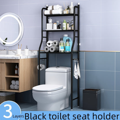 1pc Space-Saving Over The Toilet Storage Shelf, 3-Tier Freestanding Metal Frame Over-The-Toilet Storage Cabinet with Roll Paper Holder And Hooks, Easy Assembly No Drilling Required, for Toilet Washing Machine Small Bathrooms, White/Black