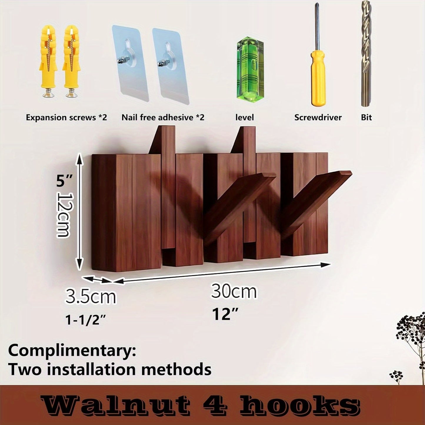 Modern Walnut Wooden, with 4/6/8/10/12 Hooks, Coat Rack, Hooks, Wall Mounted, Accordion, Entryway, Bedroom, Bathroom, Solid Wood, Smooth Polishing, Stable Adhere, Holds 22 Lbs, Floating Shelves