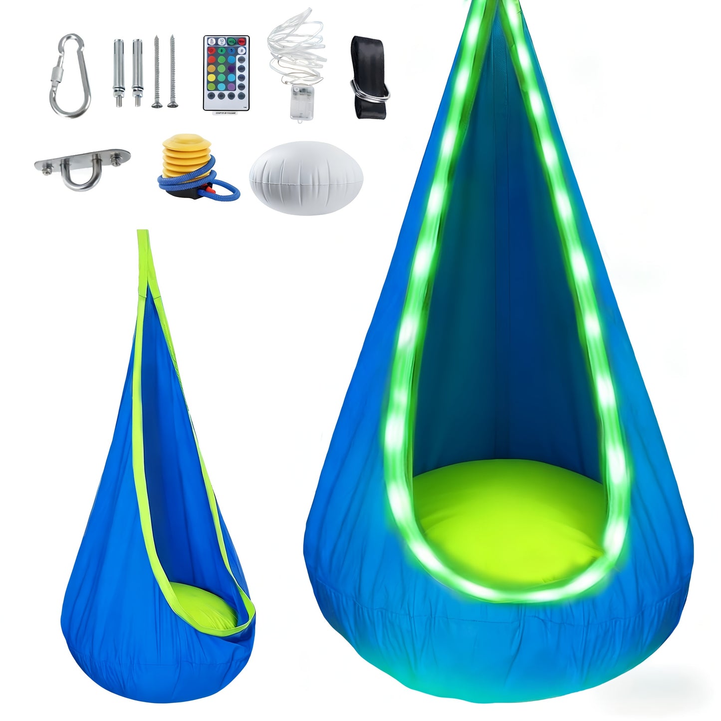Hammock Chair with LED Lighting & Air Pillow Mounting Kit, 16-Color Remote Control, Hanging Swing Seat for Bedroom Balcony Study, Blue & Pink