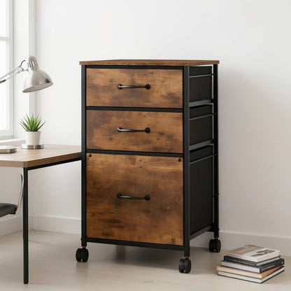 Mobile File Cabinet with 3 Drawers – Rolling Printer Stand, Fabric Vertical Filing Cabinet for A4 & Letter Size, Vintage Espresso Style Home Office Storage