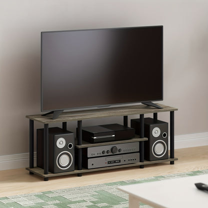 No Tools 3D 3-Tier Entertainment TV Stand for Up to 50 Inch TV, Round Tubes, French Oak Grey/Black, Wooden Display Rack, Console Table with Storage Shelves, Modern Living Room Furniture