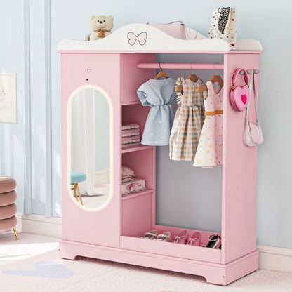 Kids Armoire with Jewelry Cabinet, Kids Dress Up Storage wth Shelves, Girls Wardrode Costume Organizer with Mirror, Children Closet with Armoire for Bedroom, Kids Room, Girls, Kids Room Furniture, Bedroom Storage, Stylish Kids Wardrobe, Playful Design, Ha