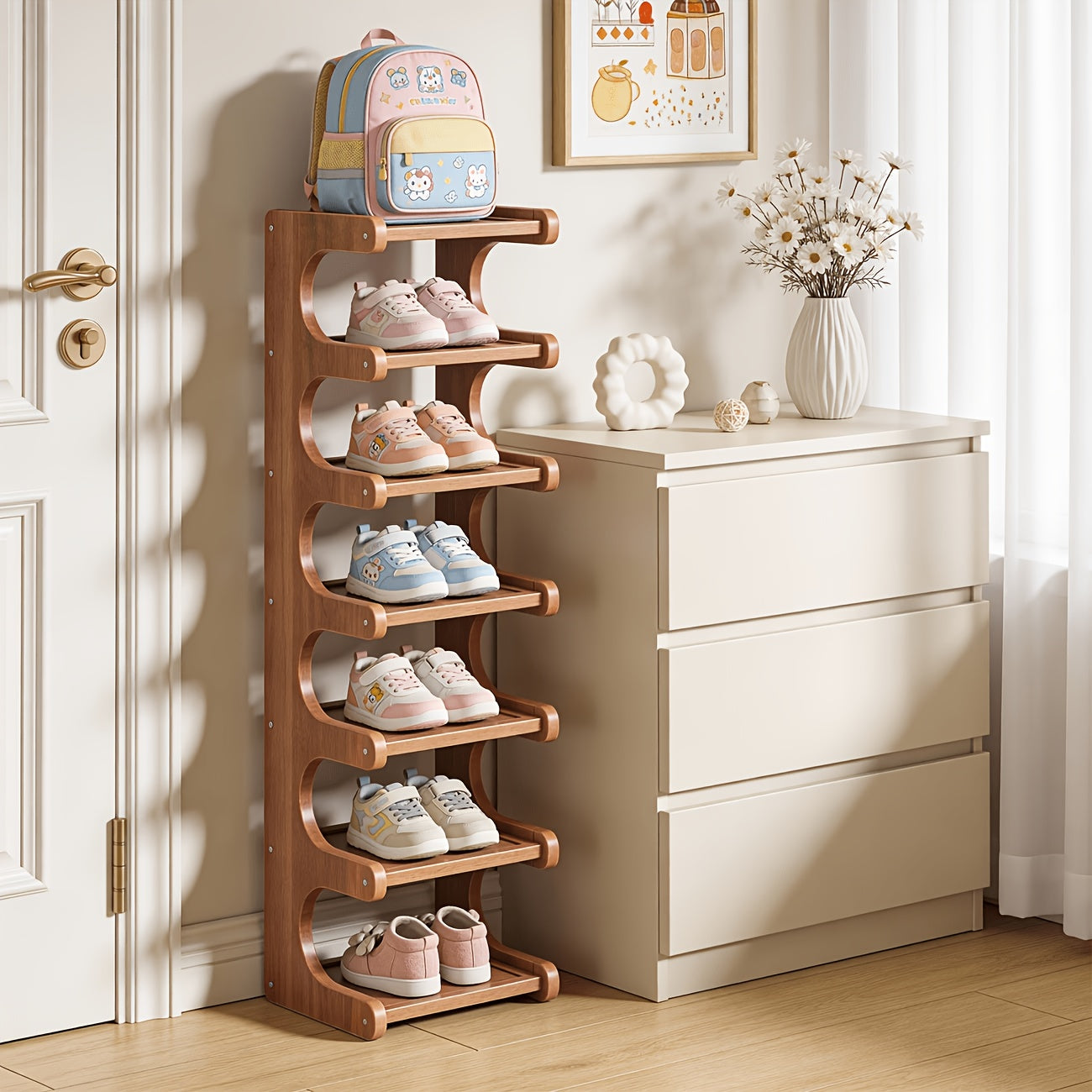 A Luxurious And Easy Shoe Rack with 4 to 8 Layers, Designed for Both Wide And Narrow Spaces. This Multi-Tiered Storage Solution Is Perfect for Homes, Dormitories, And Corners, Making It an Ideal Space-Saving Shoe Cabinet Made of Bamboo