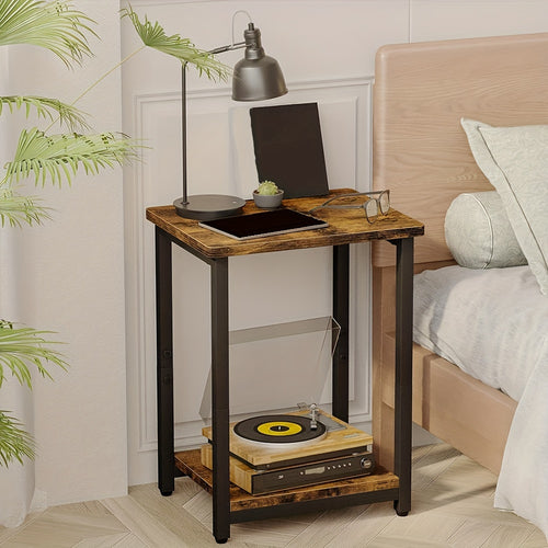 2pcs Rustic Brown And Black Side Tables - 2-Tier Small End Table Sofa Table, Nightstand with 2-Layer Storage Shelves for Living Room, Bedroom, Office