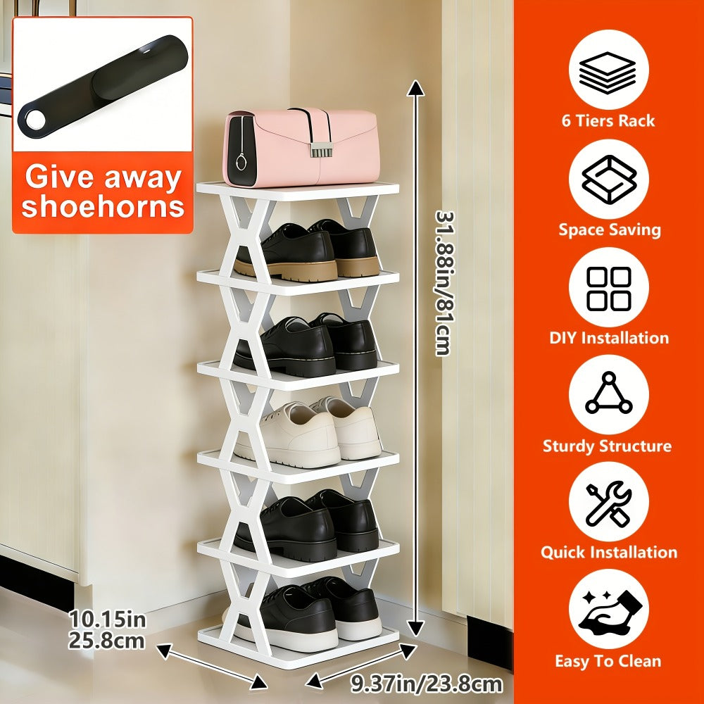 Stackable Shoe Organizer Rack 6 or 9 Tier Vertical Plastic Shoe Rack with Shoe Horn for Closet Hallway Entryway Bathroom Dorm Space Saving White Black