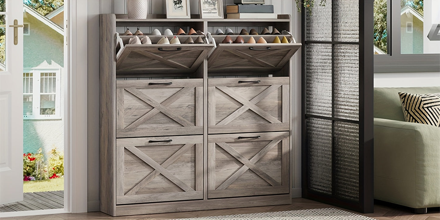 Washed Gray Shoe Storage Cabinet with 6 Flip Drawers | Narrow Freestanding Shoe Cabinet and Shoe Storage Organizer with Metal Handles for Entryway, Large Shoe Rack Organizer, Modern Farmhouse Style, Ideal for Shoe Racks, Made of Particle Board