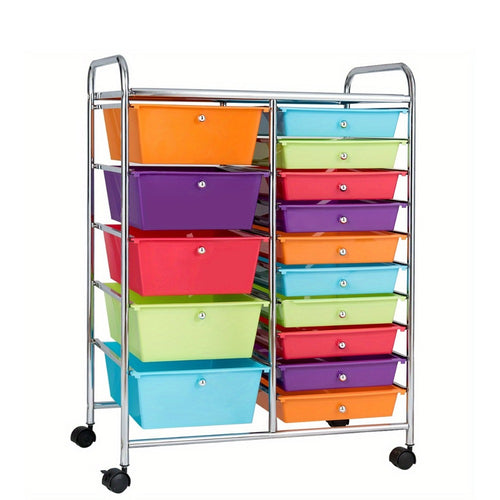 15-Drawer Rolling Storage Cart with Locking Wheels, Steel Frame & Multicolor Opaque Plastic Drawers, Space-Saving Organizer for Home Office Kitchen Bathroom, 5 Large & 10 Small Drawers