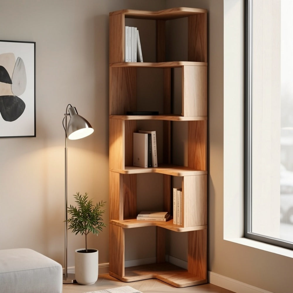 Solid Wood Corner Bookshelf 3 4 5 Tier No Paint No Formaldehyde Space-Saving Rustic Corner Bookcase for Bedroom Living Room Study Balcony, Easy Assembly