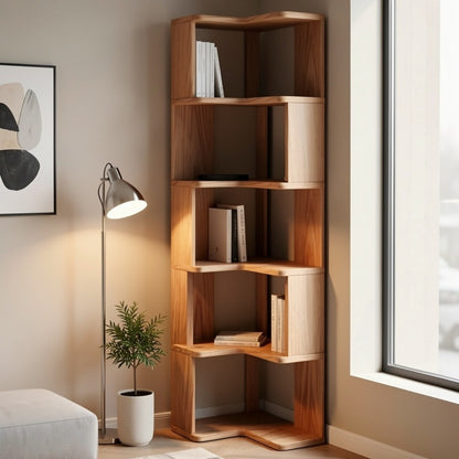 Solid Wood Corner Bookshelf 3 4 5 Tier No Paint No Formaldehyde Space-Saving Rustic Corner Bookcase for Bedroom Living Room Study Balcony, Easy Assembly