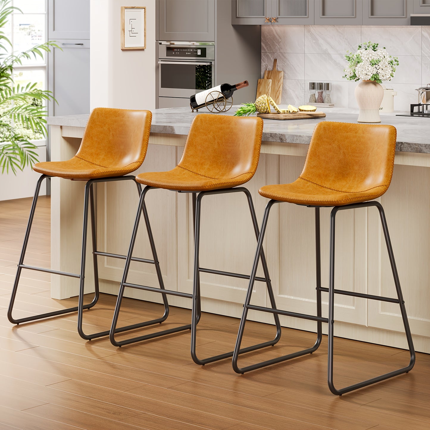 Bar Stools Set Of 3/2, Faux Leather Counter Height Bar Stools, 26" Modern Barstools With Metal Legs & Footrest, Upholstered Armless Counter Chairs With Soft Cushion Back For Kitchen Island, Living Room