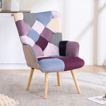 Patchwork Accent Chair High Back Armchair with Memory Foam Cushion & Hardwood Legs – 330 lbs Capacity Linen Upholstered Reading Chair for Living Room Bedroom Home Office, 6 Colors